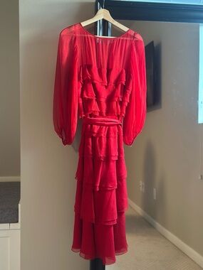 Vintage 100% Silk Red Ruffled Tiered Midi Dress